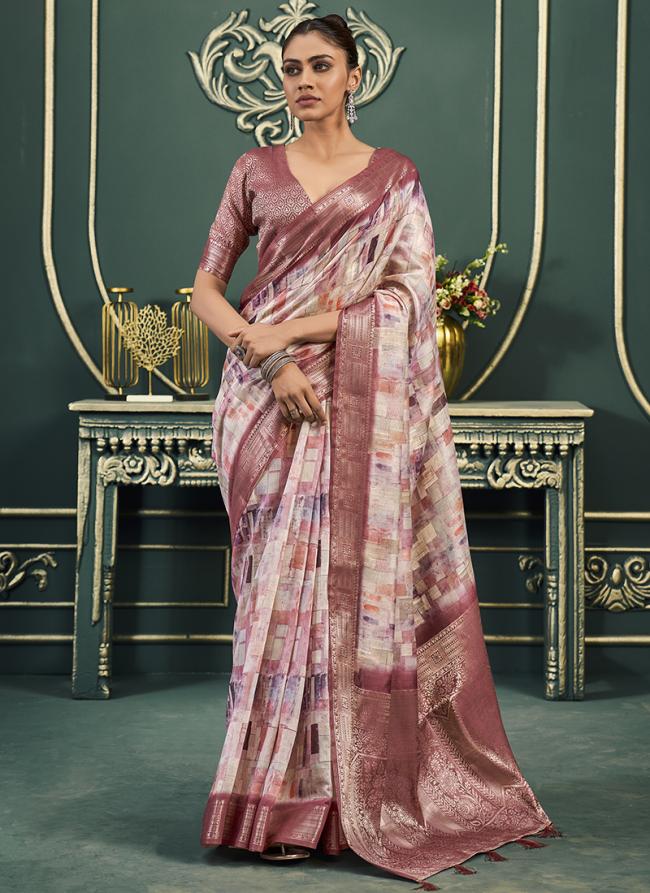 Model Cotton Peach Party Wear Printed Saree